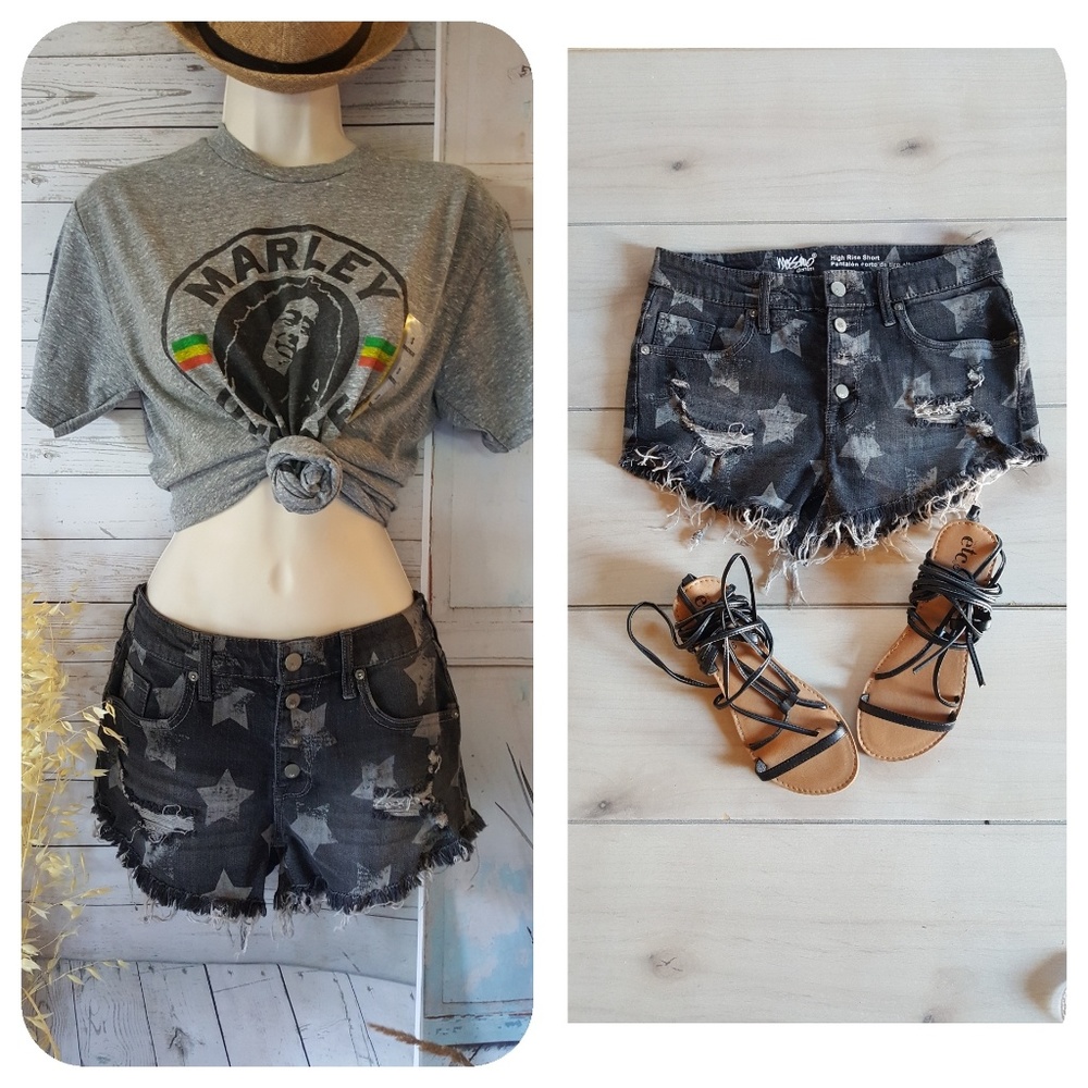 Distress high rise black shorts